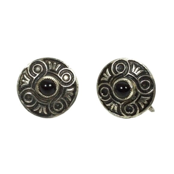 Vintage Antiqued Silverplate Southwestern Screw Back Earrings With Onyx Bead - Picture 1 of 5